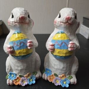 Set of 2 Tall White Resin Easter Bunnies - Faux Carved Wood Look